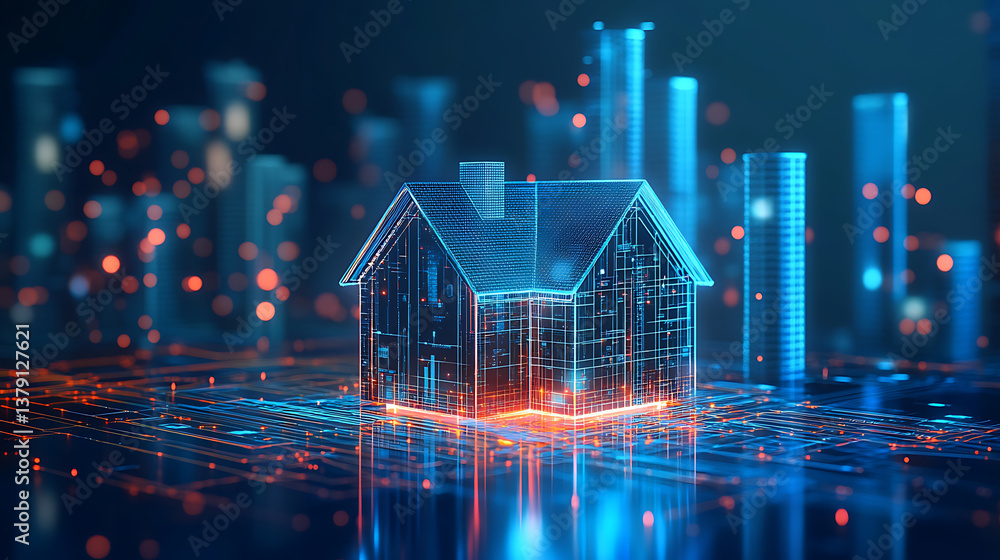 Poster modern smart home, against the background high-rise buildings, development architecture computer sys