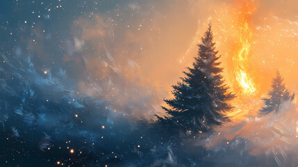 Winter solstice: frost-kissed evergreen aflame with light, a design element embodying resilience and the dance between cold & fire. Frost-Kissed Symbols. Illustration
