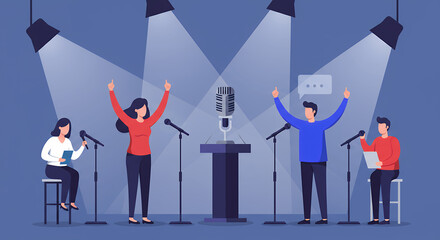 Fototapeta premium Stage Debate: A Cartoon Panel Discussion with Microphones, Speakers, and Spotlight.