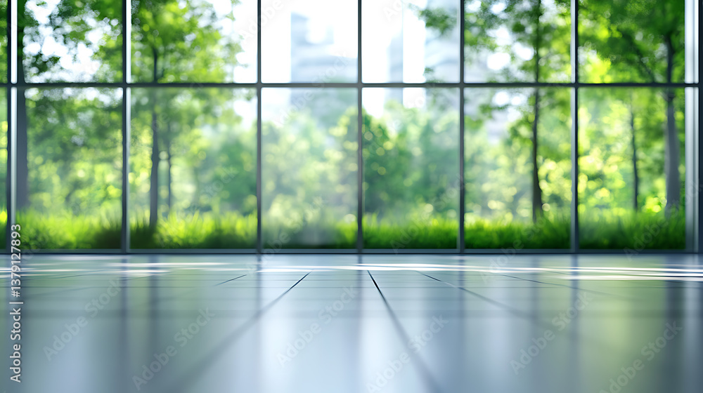 Aufkleber Blurred empty modern open space office with large windows and green trees on the outside, environment friendly business background