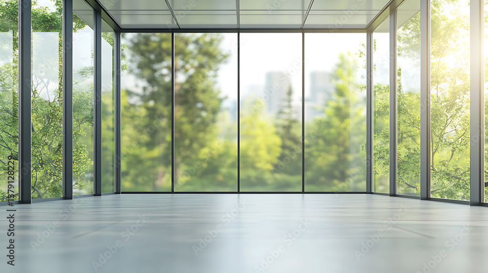 Aufkleber Blurred empty modern open space office with large windows and green trees on the outside, environment friendly business background
