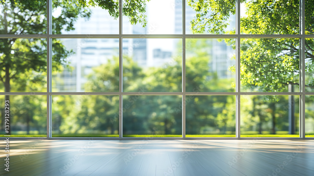 Aufkleber Blurred empty modern open space office with large windows and green trees on the outside, environment friendly business background