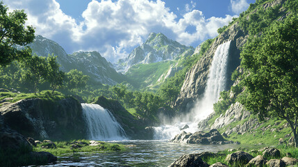 Fototapeta premium Mountain green valley with a waterfall and stormy water that falls from a height and trees, stones under a blue sky 3d illustration