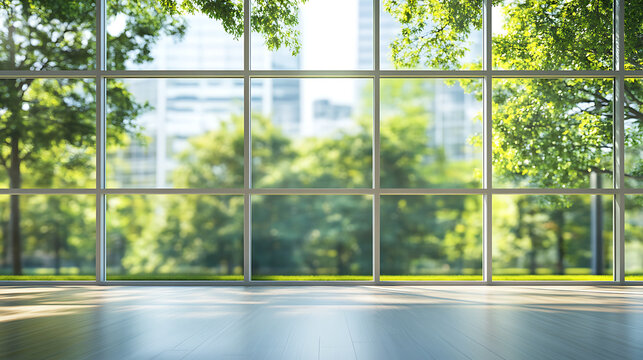 Fototapeta Blurred empty modern open space office with large windows and green trees on the outside, environment friendly business background