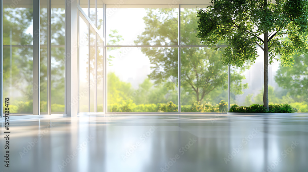 Aufkleber Blurred empty modern open space office with large windows and green trees on the outside, environment friendly business background