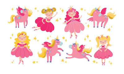 Childrens set with cute fairy and pink unicorn. Vector illustrations flat collection, isolated magic elements.