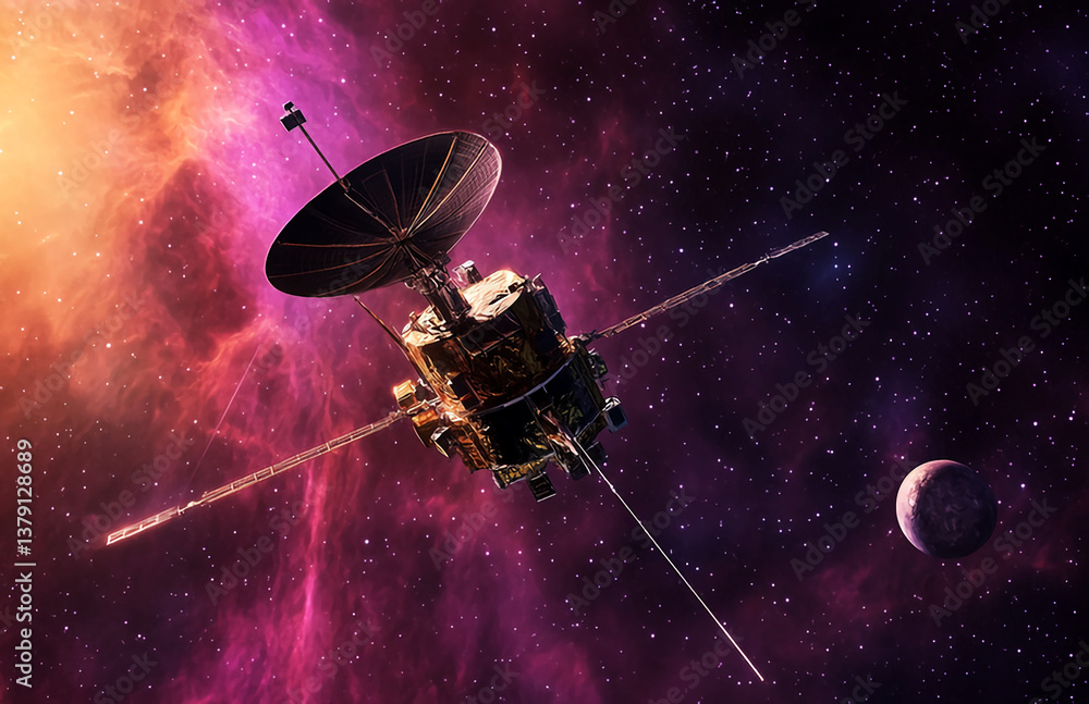 Poster exploration satellite orbiting a moon in deep space with nebula and stars background for space explo