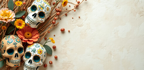 Fototapeta premium three decorated sugar skulls with autumnal flowers and branches