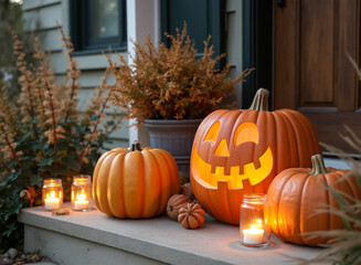Obraz premium three illuminated pumpkins on a doorstep creating a festive autumn scene