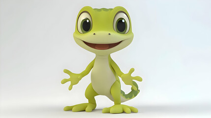 Cartoonish Green Gecko Standing on a White Backdrop With a Playful Facial Expression and Cute Design Elements