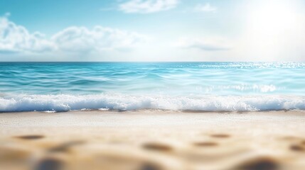 Fototapeta premium Realistic photo of a sandy beach with a softly blurred ocean background for tranquil vibes