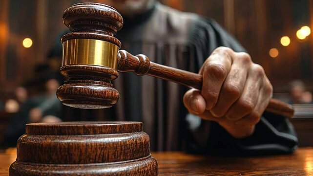 A judge in a black robe raises a gavel to deliver a decisive verdict in a court of law.