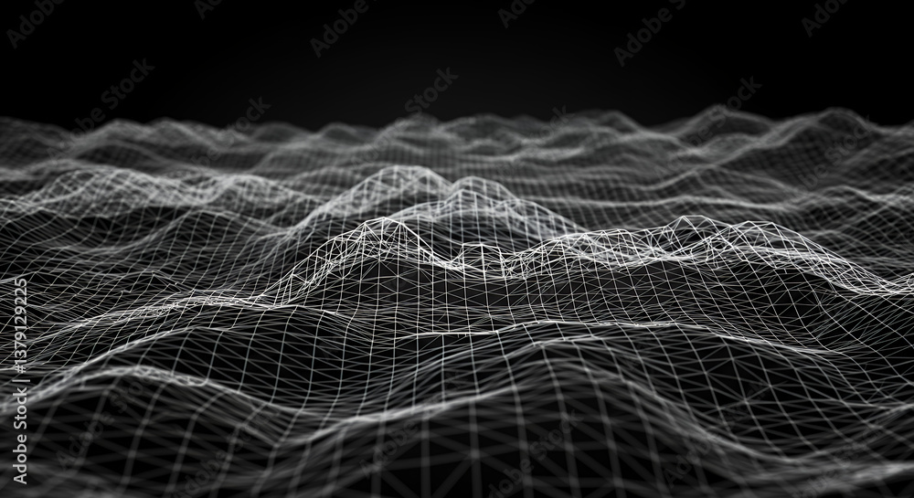 Poster abstract wireframe landscape: 3d mesh network on black, data visualization, technology background