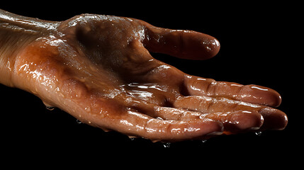 Fototapeta premium Wet hand from sweat syndrome due to hyperhidrosis, isolated on dark background