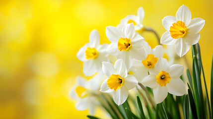 White and yellow spring flowers on yellow background