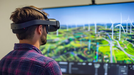 Obraz premium Renewable Energy Engineers Design 3D Wind Turbine Park Using Augmented Reality Software and Smartphone. Specialists Use Virtual Reality App to Work on Green Energy Power Production.
