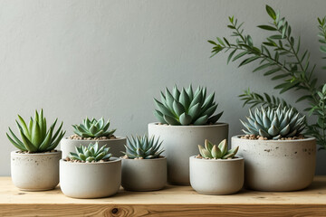 Fototapeta premium collection of succulents in various sizes and shades of green arranged in grey concrete pots on a wooden surface