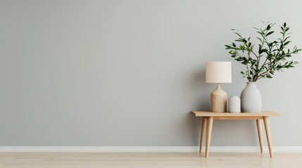 Digital Detox Retreats, A minimalistic interior scene featuring a wooden table with a lamp and decorative vases, complemented by a plant against a soft gray wall.