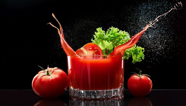 tomato juice and vegetables splashing from drinking glass on black background
