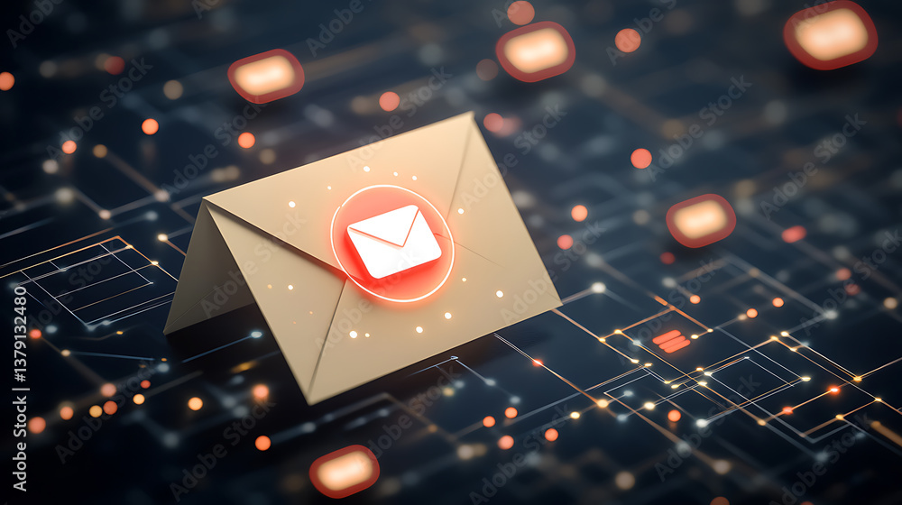 Aufkleber newsletter or message concept with front view on beige email paper envelope with white unit in red c