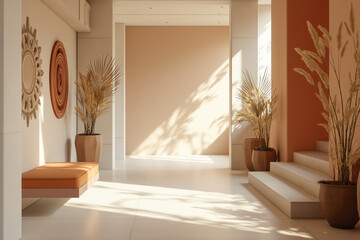 sunlit hallway with and beige accents and pampas grass