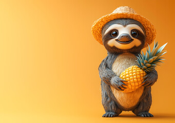 Smiling cartoon sloth in straw hat holding pineapple on orange background. Concept of tropical fruit, summer freshness, and positive animal-themed visual storytelling
