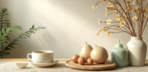 wooden tray with eggs pears and a cup of tea adorned with white flowers in a vase