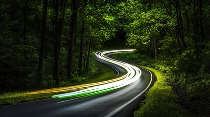 Fototapeta premium Captivating Nighttime Journey: Discover the Mesmerizing Glow and Dynamic Movement of City Roads Under the Starry Sky Through Long-Exposure Magic