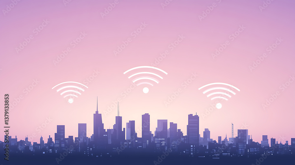 Poster wireless communication network on modern cityscape background
