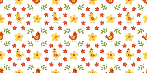 Colorful seamless template with yellow chickens, red birds, flowers and green leaves on white background. Flat cartoon style, spring, summer theme