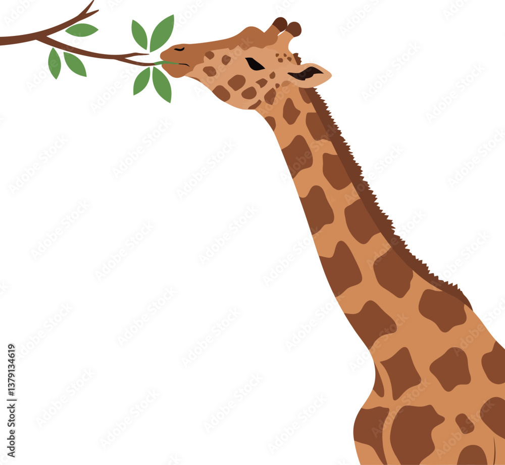 Poster giraffe reaching for leaves with a playful expression in flat vector art