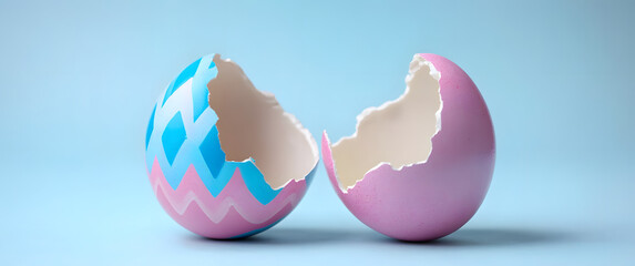 Fototapeta premium Cracked and open pink and blue Easter egg in two halves. Empty copy space for text or product.