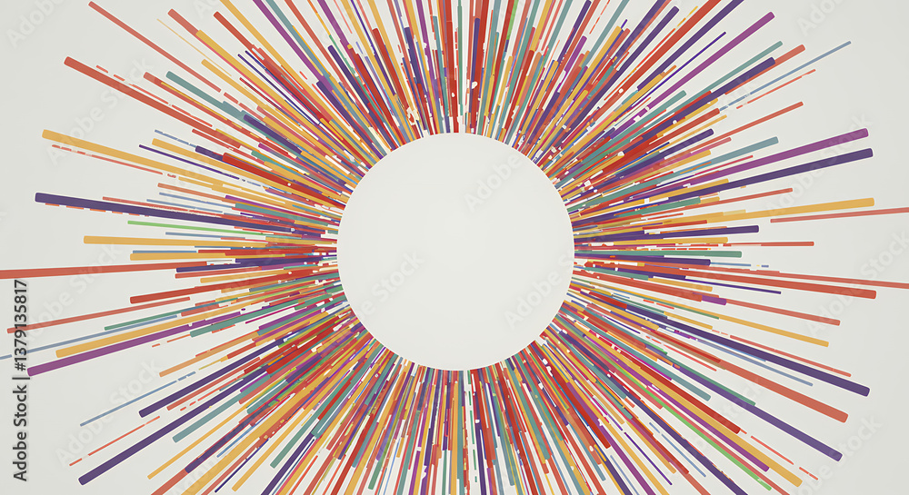 Poster bursting radiance: colorful rays exploding from a central void - abstract art, geometric design, mod