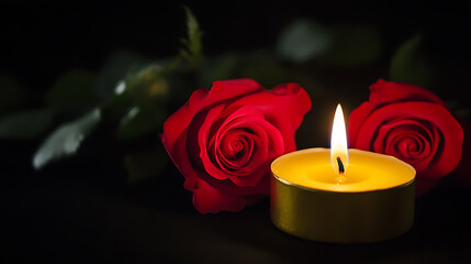 Burning yellow candle and two red roses on a black background