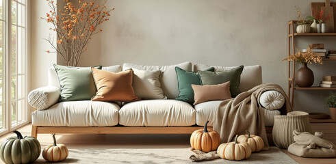 cozy sofa with earth-toned pillows and throw blanket creating a warm and inviting autumnal scene