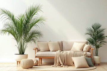 serene living room with beige sofa and lush potted palm plants