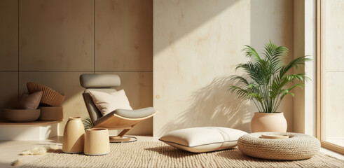 Fototapeta premium gray upholstered chair with wooden accents in a sunlit living room