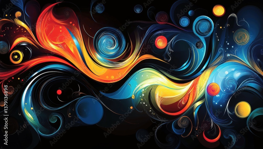 Poster abstract swirling flames and cosmic swirls. dynamic interplay of vibrant colors against a dark backd