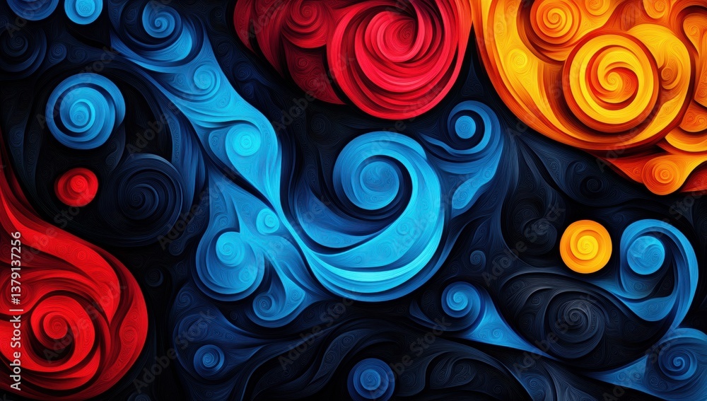 Poster abstract swirls of vibrant colors in layered patterns. deep dark background with swirling, textured 