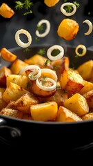 Fried potatoes, delicious meal, cooking process, with garnishing elements