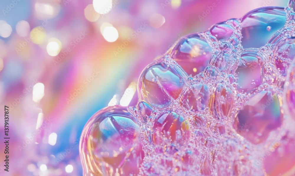 Poster abstract macro shot of colorful soap bubbles reflecting rainbow hues, delicate and intricate details