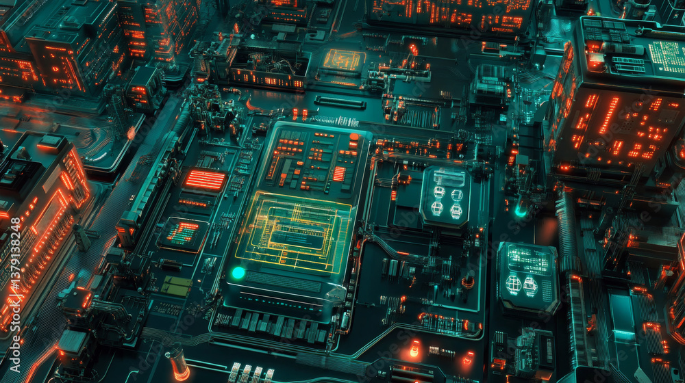 Poster futuristic concept: blurry factory digitalization with information showing efficiency percentage of 