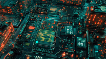 Fototapeta premium Futuristic Concept: Blurry Factory Digitalization with Information Showing Efficiency Percentage of High-Tech Modern Electronics Facility.