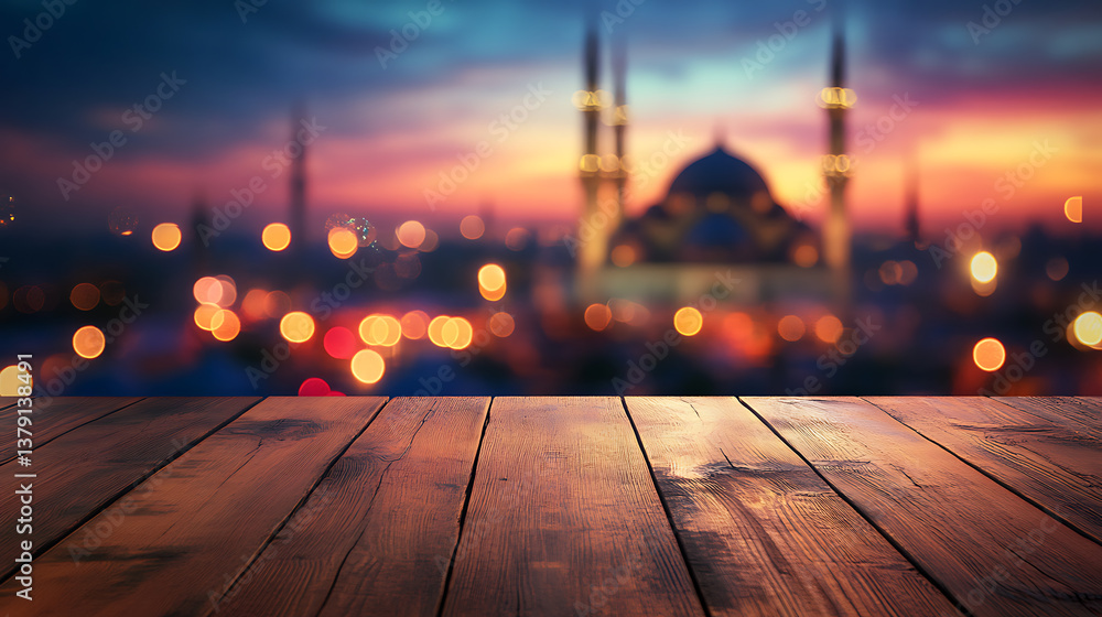 Poster wooden table on a blurred background with a mosque and bokeh lights, ramadan kareem