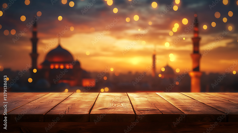 Poster wooden table on a blurred background with a mosque and bokeh lights, ramadan kareem