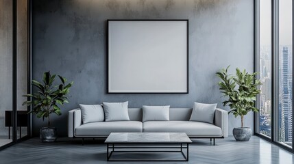 Living Room Interior with Blank Frame, Sofa, Plants, and City View
