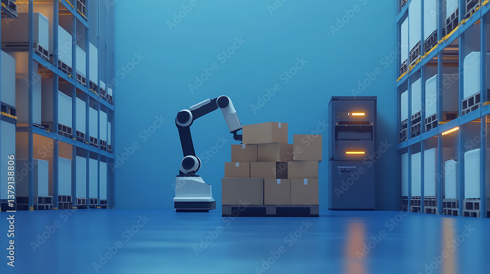 Aufkleber Work on smart warehouse, robot arm places boxes on pallets, automation logistics on smart stock storage, industry robot with ai on factory floor, technologies business concept