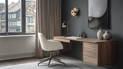 Workplace with white chair at wooden drawer writing desk against of window near dark grey wall interior design of modern scandinavian home office