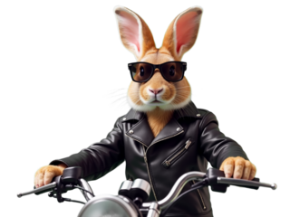 Bunny riding motorcycle wearing sunglasses and leather jacket