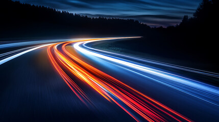 Car light trails in road at night, illustration